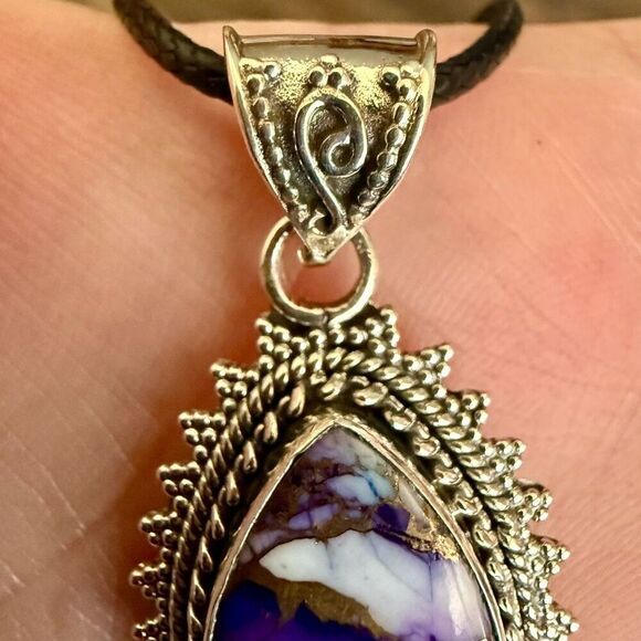 Southwestern Purple Copper Dahlia Turquoise Teardrop Pendant Sterling Silver - Picture 3 of 6